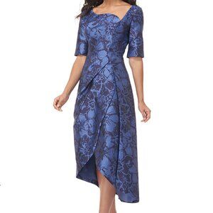 Kay Unger Blue Asymmetrical Neck Tallulah Floral Jacquard Midi Dress Size 2
